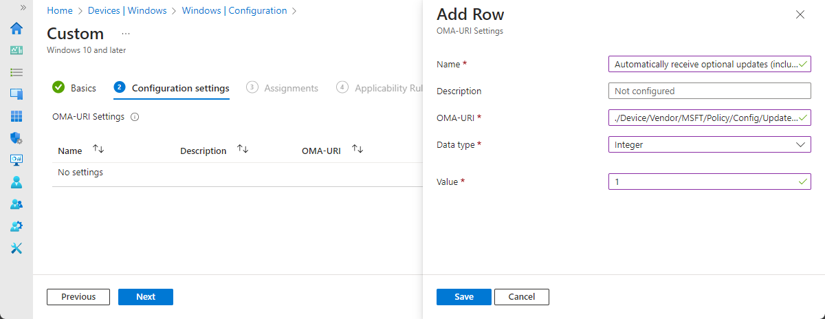 Intune Custom configuration profile: AllowOptionalContent OMA-URI for optional Windows updates